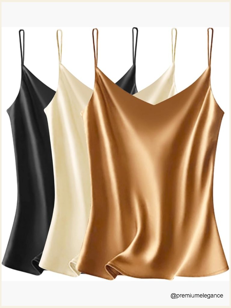 Satin Cami Top Pack V Neck Spaghetti Strap Tank Blouses Sleeveless Tops